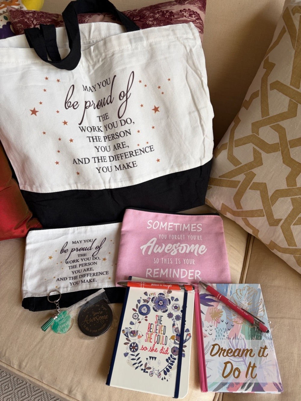 New 9 Piece Inspirational Bundle Tote, Pouches, Mirror, keychain, journals, pens